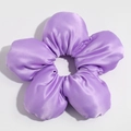 Macro view of purple satin flower hair tie with silky fabric and puffy petal details - Purple (Approx. 18cm)