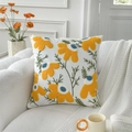 White cotton linen cushion cover featuring yellow 3D floral tulip embroidery - Dandelion Green (Cover Only)