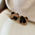 Detailed close-up of clover-shaped earrings with leopard print flocking in gold plating - 14# Clover Shape Gold Border Leopard Studs (Silver Earring Post-Gold-Coffee)