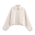Chaqueta de mujer color crema con cremallera, cuello de solapa y dobladillo elástico - S / Blanco lechoso