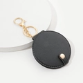 Mini round makeup mirror keychain in black PU leather with elegant gold metal hardware - Black