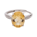 Elegant S925 sterling silver ring with large oval yellow citrine and white side stones - Natural Citrine Silver