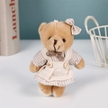 Brown teddy bear plush keychain wearing a beige checkered dress and bow - Light Brown Bowknot Female Bear / 11cm