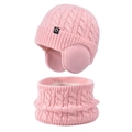 Pink winter knit hat and scarf set for children with warm fleece lining and earflaps - 2-Piece Set - Solid Pink