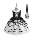 Halloween girls witch pumpkin dress with bat print and matching drawstring bag - 130cm / AWS021-Black (With Bag)