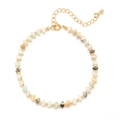 Detail of colorful natural stone beads with golden metal spacers and adjustable lobster clasp - Light Green Beige Gray