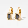 Golden lever-back drop earrings featuring rectangular black stones and zircon pavé - Golden Rectangle Black Stone Leverback (KDE1153)