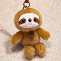 Cute brown plush sloth keychain with Fashion leather tag and soft white facial details - Sloth