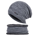 Dark grey knitted beanie hat and neck warmer set with warm fleece lining and star patch - Gray
