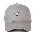 Close-up of grey baseball cap featuring white cartoon duck embroidery and curved brim - Adjustable / Gray