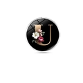 Floral letter U fashion badge with gold alphabet and black glass gem finish - Letter U