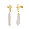 Baroque pearl earrings with golden cross charms made of S925 sterling silver - Hammered Cross Bar Pearl Earrings (GPE107-14K)
