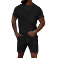Men's black waffle knit summer set with crew neck short sleeve shirt and drawstring shorts - M / Black