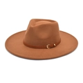 Classic wide-brim caramel felt jazz hat with brown leather belt and golden buckle - M (56-58cm) / Khaki