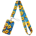 Sunflower and blue daisy printed neck lanyard with a matching vertical ID card holder set - NR93026 Sunflower Card Holder Set