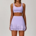 Women's lavender contrast yoga set featuring a U-neck sports bra and pleated mini skirt - S / Top And Bottom / Bra And Skirt / Lilac Purple