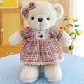 Cute beige teddy bear plush in a pink checkered dress and matching bow tie decoration - Light Red Couple Bear Female / 40 cm