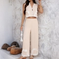 Ensemble bohème beige avec haut sans manches col en V et pantalon large brodé pour femme - S / Abricot