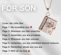 Rose gold book pendant necklace with 'FOR SON' engraving and detailed inner inscriptions - 25 Silver Hands Son Style