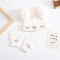 White knit baby hat with double pom-poms and sequin hearts, including matching gloves - 50-54cm (Approx 3-7 Years Old) / Double Pom Pom Heart Hat and Glove Set / White