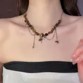 Retro Tiger Eye beaded necklace with silver cross charms on 18k gold-plated chain - Crushed Tiger Eye Silver Cross Style (24#)