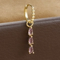 Elegant gold hoop earrings with three vertical pink pear-cut cubic zirconia drops - Gold-Purple Triple Pear Drop / 1PC