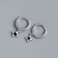 S925 sterling silver hoop earrings featuring square black gemstone pendants - 925 Silver / White Gold