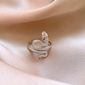 Silver snake-shaped wrap ring with green stone eyes and scale textures on silk - 22# Silver Snake Coil Green Zirconia Open Ring