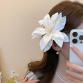 Elegant large white fabric lily flower hair clip worn on side for bridal resort styling - 34# Duckbill Clip - White - Lily Large Style