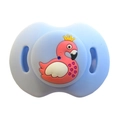 Blue silicone baby pacifier featuring a cute pink flamingo with crown and heart patterns - Flamingo Pacifier / Blue