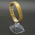 Polished gold stainless steel watchband bracelet with blank engravable metal plate - 21cm / Gold Curved Bar Style