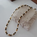Tiger eye and pearl beaded necklace with gold accents and adjustable chain extension - Tiger Eye Beaded Necklace