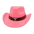 Close-up of pink faux suede cowboy hat with brown leather band and silver longhorn badge - Rose Red