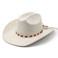 Classic cream western cowboy hat with wide brim and colorful beaded ethnic band decoration - M (56-57cm) / Beige