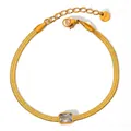 Gold stainless steel flat snake chain bracelet with rectangular zircon and adjustable lobster clasp - Gold White Zirconia (SAK988)