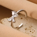 Silver bow open ring with sparkling marquise and baguette crystals in minimalist style - Silver Bow Tie Open Ring (DZ-716)