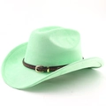 Detail of mint green suede cowboy hat with brown braided leather band and gold buckle - M (56-58cm) / Fruit Green