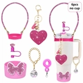 6pcs pink Stanley cup accessories set with rhinestone heart keychain and straw cover - Pink Glitter 6pcs Set (No Cup)