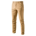 Slim fit khaki business casual cotton trousers for men with button fly and mid-rise waist - Khaki