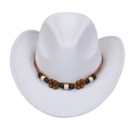 White western cowboy hat featuring brown leather band and decorative wooden beads - M (56-58cm) / White (168-I)