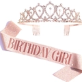Rose gold glitter Birthday Girl sash and sparkling rhinestone tiara set for women - Rose Gold Crown And Rose Gold Birthday Girl Sash (Style Two)