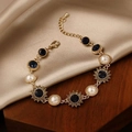Pulsera vintage dorada con gemas azules y perlas blancas con diseño de girasol - 7# Estilo de Girasol de Perlas y Piedras Preciosas Azules