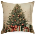 Vintage Christmas tree illustration printed on a beige linen texture cushion cover - YMD511-11 (Vintage Tree & Gifts)