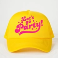 Close-up of Let's go Party pink print on a yellow trucker hat with mesh back - One Size / Yellow