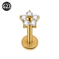 Golden G23 titanium flower labret stud with white zircon petals and flat back design - Medium (4.5mm Flower) / Gold