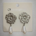Silver vintage flower pendant earrings with elegant white teardrop pearl drops - White K Double-Layer Petals (6061)