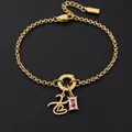 14K gold plated stainless steel bracelet with letter and pink gemstone charms - Letter X