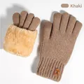 Winter khaki knitted touchscreen gloves for women with thick plush lining and deer patch - Style with Fur Cuff and Leather Tag / Khaki