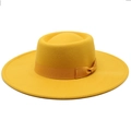 Elegant bright yellow flat top wool felt boater hat with matching ribbon bow accent - M (56-58cm) / Yellow