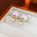 Elegant gold plated double pearl stud earrings displayed in a luxury jewelry gift box - Double Pearl Studs